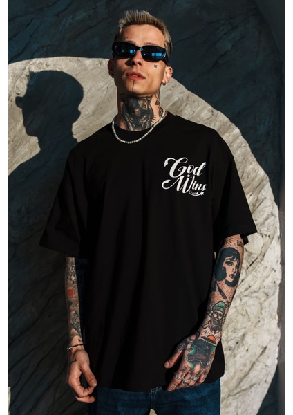 Erkek Siyah Oversize Baskılı Bol Kesim Tişört %100 Pamuk