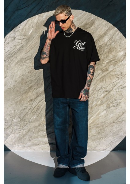 Erkek Siyah Oversize Baskılı Bol Kesim Tişört %100 Pamuk fiyatları