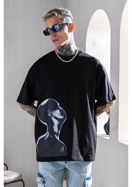 Siyah Oversize Tişört Baskılı Bol Kesim Tişört %100 Pamuk