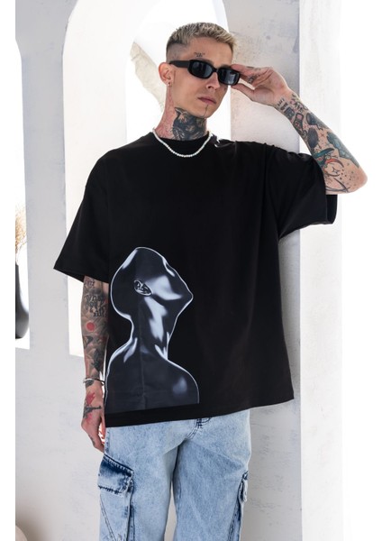 Siyah Oversize Tişört Baskılı Bol Kesim Tişört %100 Pamuk fırsatları