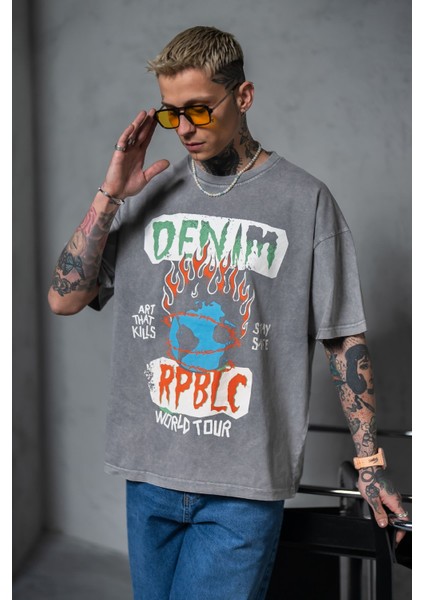 Erkek Gri Oversize Tişört Bol Kesim %100 Pamuk