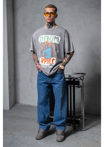 Erkek Gri Oversize Tişört Bol Kesim %100 Pamuk fiyatları