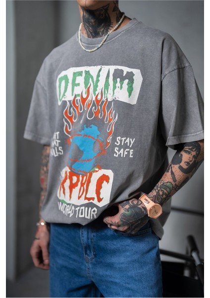 Erkek Gri Oversize Tişört Bol Kesim %100 Pamuk modelleri