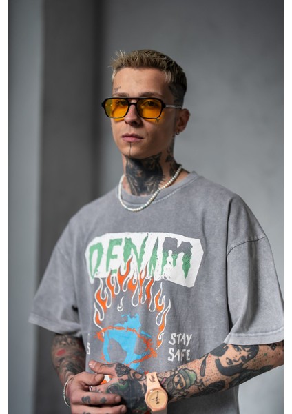 Erkek Gri Oversize Tişört Bol Kesim %100 Pamuk indirimleri