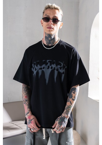 Erkek Lacivert Oversize Tişört Baskılı %100 Pamuk