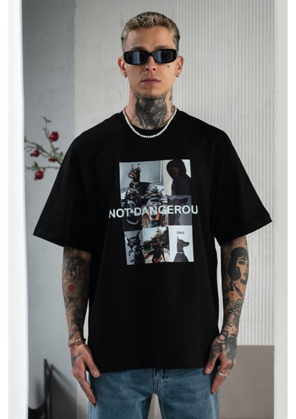 Erkek Siyah Oversize Bol Kesim Baskılı Tişört %100 Pamuk