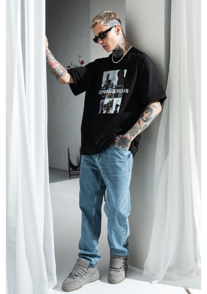 Erkek Siyah Oversize Bol Kesim Baskılı Tişört %100 Pamuk fiyatları