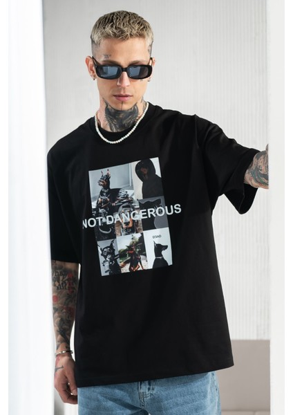 Erkek Siyah Oversize Bol Kesim Baskılı Tişört %100 Pamuk modelleri