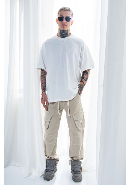 Erkek Beyaz Oversize Tişört Arkası Baskılı Bol Kesim %100 Pamuk fiyatları