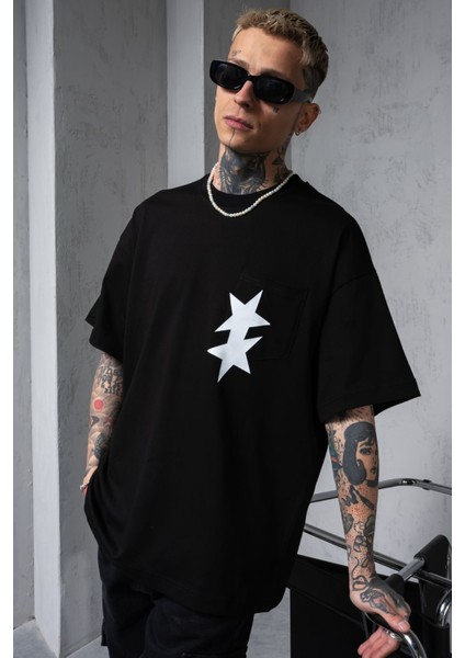 Siyah Oversize Tişört Baskılı Bol Kesim %100 Pamuk