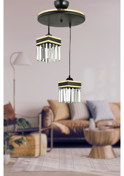 Şık 2'li Siyah Kristal Sarkıt Avize, Sarı Şeritli Kare Tasarım