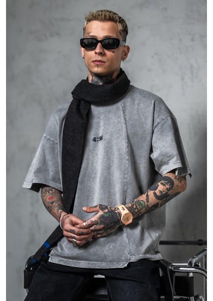 Erkek Gri Oversize Bol Kesim Tişört %100 Pamuk