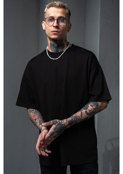 Erkek Siyah Oversize Tişört Arkası Baskılı Bol Kesim Tişört %100 Pamuk modelleri