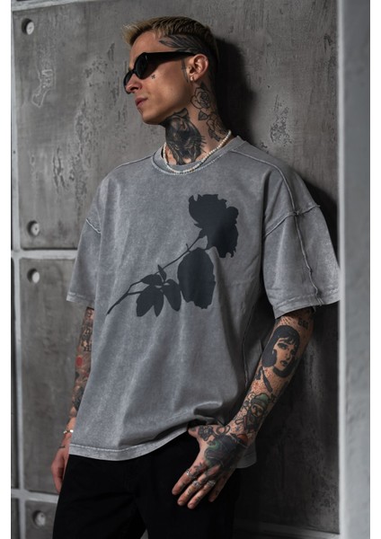 Gri Oversize Tişört Yıkamalı Bol Kesim %100 Pamuk