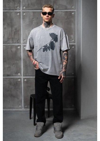 Gri Oversize Tişört Yıkamalı Bol Kesim %100 Pamuk fiyatları