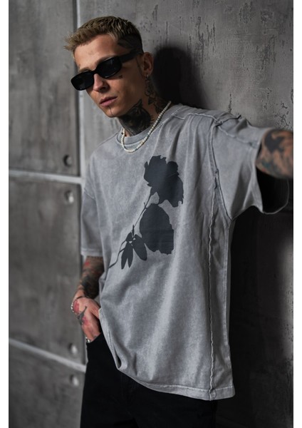 Gri Oversize Tişört Yıkamalı Bol Kesim %100 Pamuk modelleri