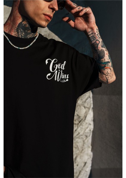 Erkek Siyah Oversize Baskılı Bol Kesim Tişört %100 Pamuk fırsatları