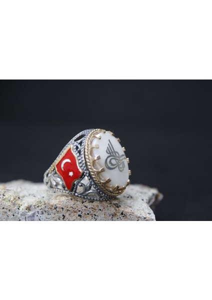 Türk Bayrak Işlemeli Mineli 925 Ayar Erkek Gümüş Yüzük fiyatları