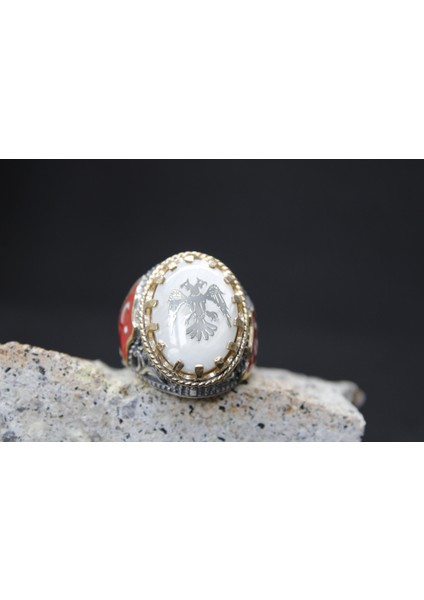 Türk Bayrak Işlemeli Mineli 925 Ayar Erkek Gümüş Yüzük