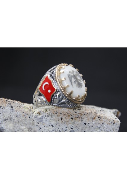 Türk Bayrak Işlemeli Mineli 925 Ayar Erkek Gümüş Yüzük fiyatları