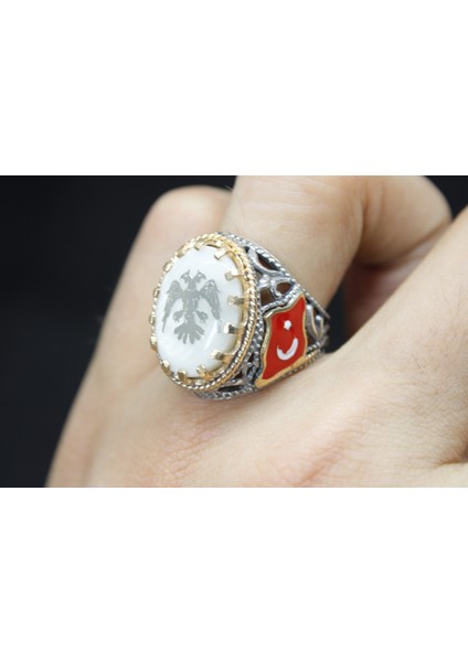 Türk Bayrak Işlemeli Mineli 925 Ayar Erkek Gümüş Yüzük modelleri