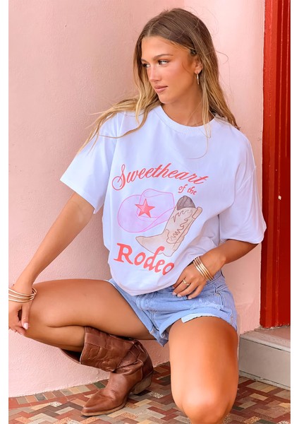 Trend Kadın Tişört - %100 Pamuk Rodeo Kovboy Baskılı Oversize Beyaz fiyatları