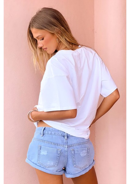 Trend Kadın Tişört - %100 Pamuk Rodeo Kovboy Baskılı Oversize Beyaz fırsatları