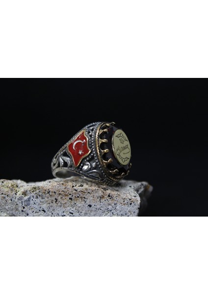 Türk Bayrak Işlemeli Mineli 925 Ayar Erkek Gümüş Yüzük