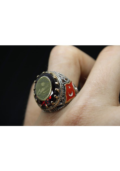 Türk Bayrak Işlemeli Mineli 925 Ayar Erkek Gümüş Yüzük modelleri