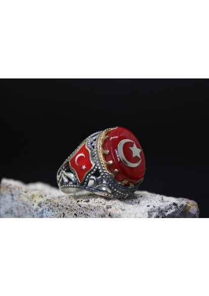 Türk Bayrak Işlemeli Mineli 925 Ayar Erkek Gümüş Yüzük fiyatları