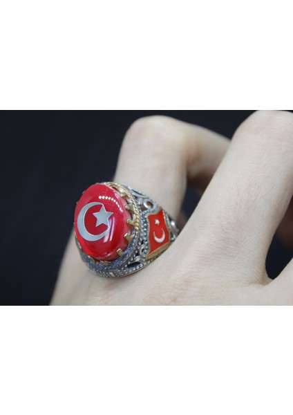 Türk Bayrak Işlemeli Mineli 925 Ayar Erkek Gümüş Yüzük modelleri