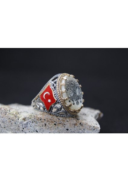 Türk Bayrak Işlemeli Mineli 925 Ayar Erkek Gümüş Yüzük fiyatları