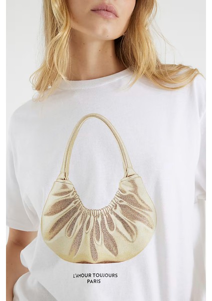 Trend Kadın Tişört - %100 Çanta Tasarım Baskılı Oversize Beyaz fiyatları