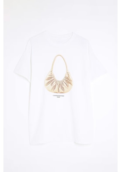 Trend Kadın Tişört - %100 Çanta Tasarım Baskılı Oversize Beyaz modelleri