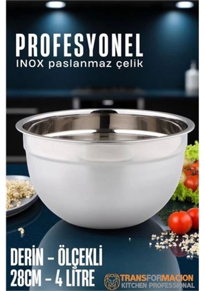 Derin Paslanmaz Çelik Ölçekli Kase 28 cm 4 Litre Profesyonel Kullanım
