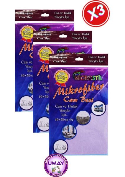 3'lü Mikrofiber Cam Bezi, Temizlik, Cam, Araba, Mutfak, Fiber Bez (40X50 Cm)