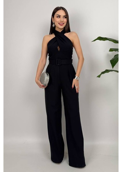 Amber Kadın Kemer Detaylı Askılı Bol Paça Siyah Tulum – Rahat Şık Yazlık Kombin