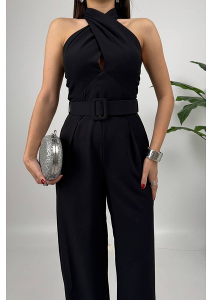 Amber Kadın Kemer Detaylı Askılı Bol Paça Siyah Tulum – Rahat Şık Yazlık Kombin fiyatları