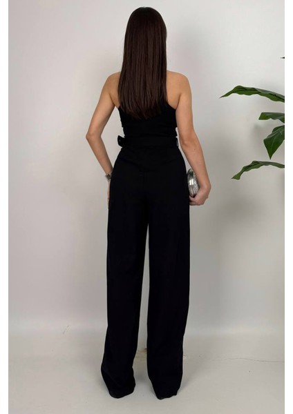 Amber Kadın Kemer Detaylı Askılı Bol Paça Siyah Tulum – Rahat Şık Yazlık Kombin modelleri