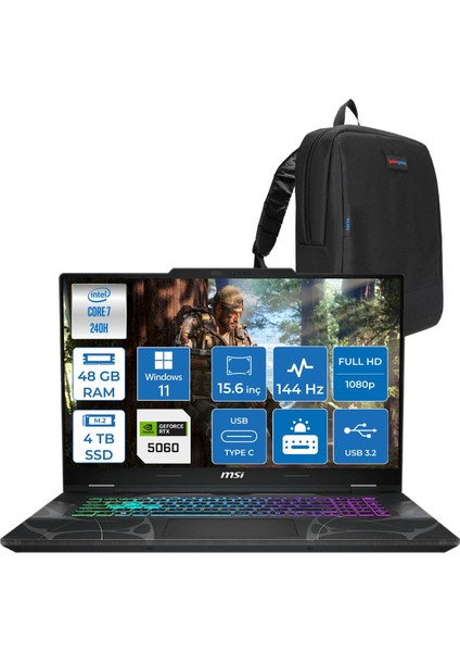 Msı Cyborg 15 Intel Core 7 240H 48GB Ddr5 4tb SSD RTX5060 Gddr7 8gb Windows 11 Pro 15.6" Fhd (1920X1080) 144HZ Taşınabilir Bilgisayar B2RWFKG208XTRP25 + Zetta Çanta