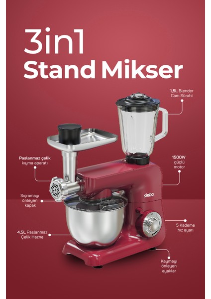 SMX-2775 Çok Amaçlı 3ın1 Mutfak Şefi Hamur Yoğurma Kıyma Makinesi Blender 1500W Kırmızı indirimleri