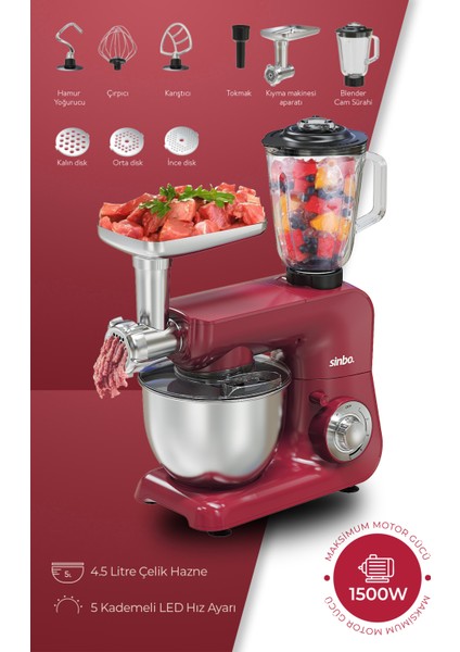 SMX-2775 Çok Amaçlı 3ın1 Mutfak Şefi Hamur Yoğurma Kıyma Makinesi Blender 1500W Kırmızı fiyatları