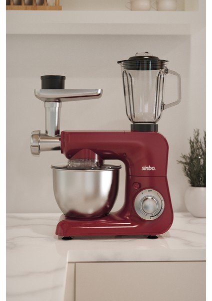 SMX-2775 Çok Amaçlı 3ın1 Mutfak Şefi Hamur Yoğurma Kıyma Makinesi Blender 1500W Kırmızı