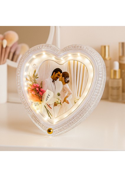Kristal Çiçekli Kalpli Ledli Fotoğraf Çerçevesi