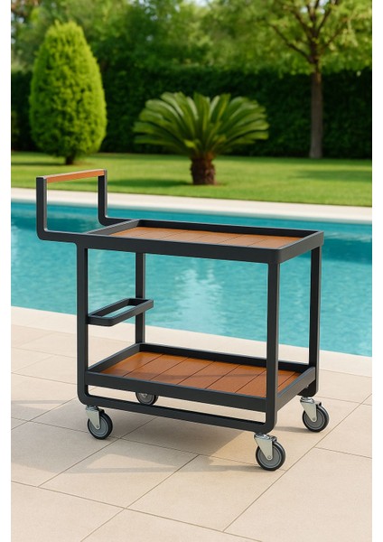 Antrasit Gri Alüminyum Gövde & Ahşap Detaylı 2 Katlı Tekerlekli Servis ve Bar Arabası – Dış Mekan & Iç Mekan Kullanıma Uygun, Premium Tasarım fiyatları