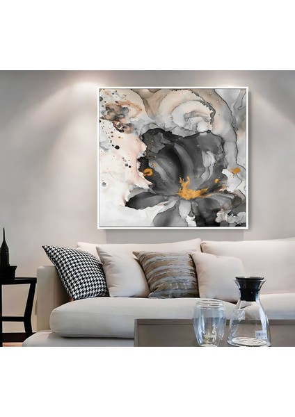 |metal Çerçeveli Kanvas Tablo Siyah-Gold Soyut Çiçek Desen |ckkare