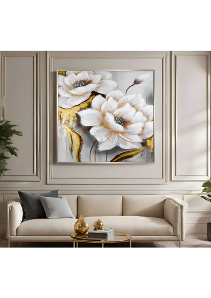 |metal Çerçeveli Kanvas Tablo Beyaz/gold Çiçek Desenli |ckkare