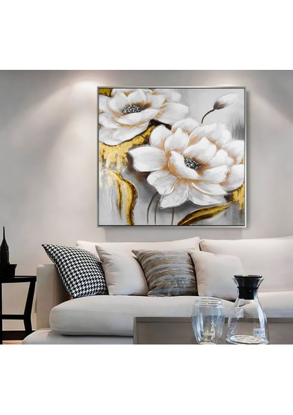 |metal Çerçeveli Kanvas Tablo Beyaz/gold Çiçek Desenli |ckkare fiyatları
