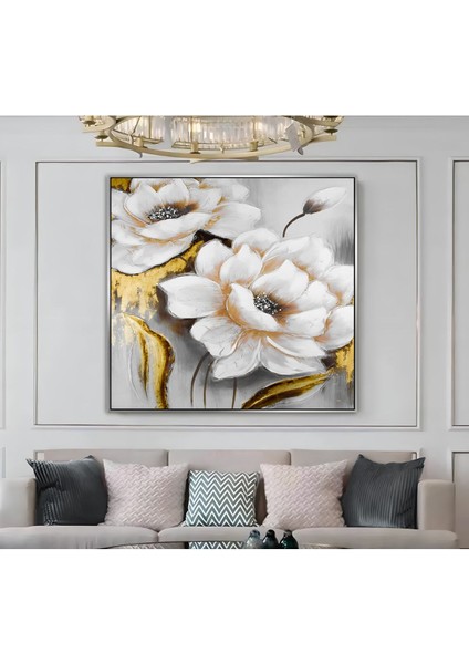 |metal Çerçeveli Kanvas Tablo Beyaz/gold Çiçek Desenli |ckkare modelleri