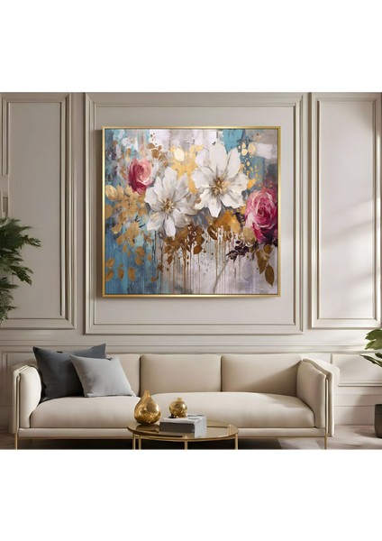 |metal Çerçeveli Kanvas Tablo Pembe Gold Detaylı Çiçekli Model 02 |ckkare